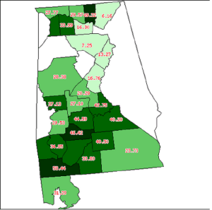 Percentage of Slaves in each county, 1820